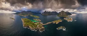 Norway Collection: An aerial panoramic view of the whole Reine fjord on a stormy afternoon. Lofoten Islands, Norway