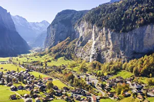 Aerial view of Lauterbrunnen. Lauterbrunnen, Canton of Bern, Switzerland, Europe Aerial view of Lauterbrunnen. Lauterbrunnen, Canton of Bern, Switzerland, Europe