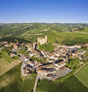 Prints of Aerial view of the medieval town of Serralunga d Alba and its castle. Serralunga d Alba, Langhe, Piedmont, Italy Landscapes Prints: Aerial View of Serralunga d Alba Castle Print, Italy