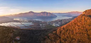 Aerial view of Monte Isola at sunset in Iseo lake, Brescia province, Lombardy district Aerial view of Monte Isola at sunset in Iseo lake, Brescia province, Lombardy district