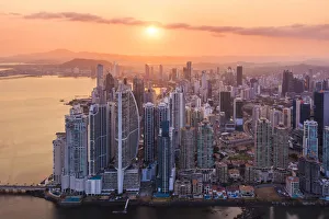Aerial view of Panama City skyscrapers at sunset. Panama City, Panama, Central America Aerial view of Panama City skyscrapers at sunset. Panama City, Panama, Central America