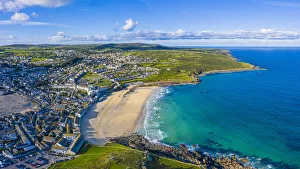 Aerial view of Porthmeor beach, St. Ives, Cornwall, England Aerial view of Porthmeor beach, St. Ives, Cornwall, England