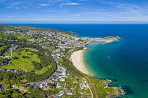 Aerial view over Porthminster beach, St. Ives, Cornwall, England Aerial view over Porthminster beach, St. Ives, Cornwall, England