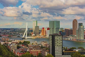 Netherlands Collection: Aerial view of Rotterdam skyline with Erasmus bridge and skyscrapers, Holland / Netherlands