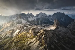 Aerial view of Scarpieri Tower and Sesto Dolomites. Bolzano province, South Tyrol, Italy Aerial view of Scarpieri Tower and Sesto Dolomites. Bolzano province, South Tyrol, Italy