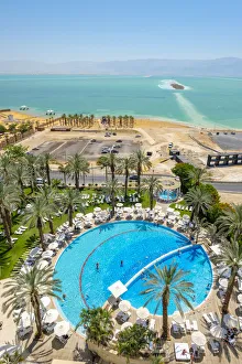 Aerial view of swimming pool of hotel near Dead Sea, Ein Bokek, Southern District, Israel Aerial view of swimming pool of hotel near Dead Sea, Ein Bokek, Southern District, Israel