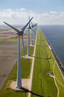 Netherlands Collection: Aerial view of wind turbines on land and at sea, North Holland, Netherlands