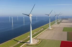 Netherlands Collection: Aerial view of wind turbines at sea, North Holland, Netherlands