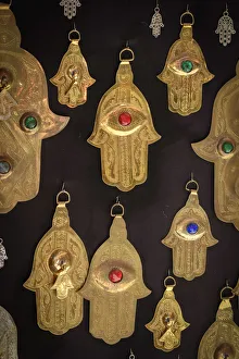 Africa, Morocco, Marrakesh, medina market, Fatima door charm on sale in souk Africa, Morocco, Marrakesh, medina market, Fatima door charm on sale in souk