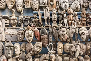 Dakar Collection: Africa, Senegal, Dakar. Artisanal wooden masks outside the food market