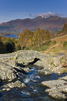 Ashness Bridge & Skiddaw mountain range, Lake District, Cumbria, England
