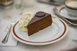 Austria, Vienna, Cafe Sacher, slice of Sacher Torte Austria, Vienna, Cafe Sacher, slice of Sacher Torte