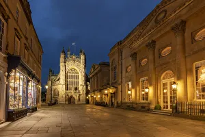 Bath Abbey and the Grand Pump Room along Abbey Churchyard at twilight, Bath, Somerset Bath Abbey and the Grand Pump Room along Abbey Churchyard at twilight, Bath, Somerset