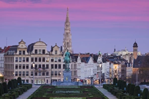 Belgium, Brussels, Mont des Arts, city skyline with Hotel de Ville tower, dawn Belgium, Brussels, Mont des Arts, city skyline with Hotel de Ville tower, dawn