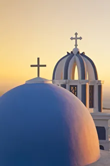 Bell Towers of Orthodox Church overlooking the Caldera in Fira, Santorini (Thira) Bell Towers of Orthodox Church overlooking the Caldera in Fira, Santorini (Thira)