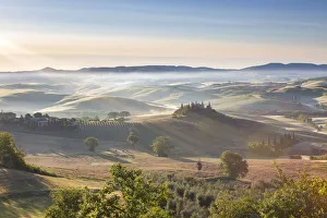 Belvedere and countryside at first light, San Quirico d'Orcia, Tuscany, Italy Belvedere and countryside at first light, San Quirico d'Orcia, Tuscany, Italy
