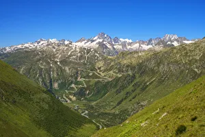Bernese Alps and Grimsel pass road seen from Furka pass, Urner Alps, canton Valais Bernese Alps and Grimsel pass road seen from Furka pass, Urner Alps, canton Valais