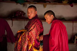 Bhutan. Participants at the tsechu in Wangdue Phodrang getting ready for a performance Bhutan. Participants at the tsechu in Wangdue Phodrang getting ready for a performance