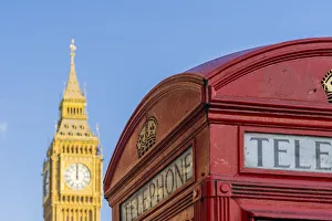 Iconic British Landmarks Prints: Big Ben, also known as Elizabeth Tower and a red Phone box