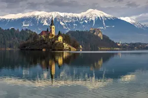 Prints of Bled, Slovenia, Europe. A panoramic view of Julian Alps, lake Bled with St. Marys church of Assumption on the small island Slovenia Prints: Panoramic Print of Lake Bled and Julian Alps