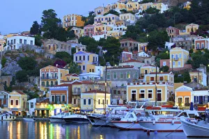 Boats In Symi Harbour At Dusk, Symi, Dodecanese, Greek Islands, Greece, Europe