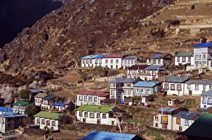 Brightly painted roofs of the tightly packed houses in Namche Bazaar Brightly painted roofs of the tightly packed houses in Namche Bazaar