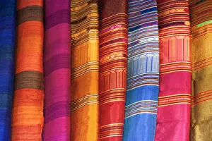 Cambodia, Siem Reap, The Old Market, Display of Silk Scarves Cambodia, Siem Reap, The Old Market, Display of Silk Scarves