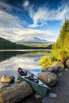 Canoe on Trillium Lake with Mt. Hood, Oregon, USA Canoe on Trillium Lake with Mt. Hood, Oregon, USA