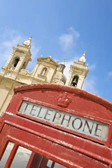 Prints of Cathedral and Telephone box in Zebbug, Malta Zebbug Prints: Print of Zebbug Cathedral and Telephone Box in Malta