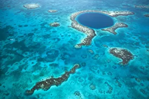 Central America, Belize, Lighthouse atoll, the Great Blue Hole, aerial shot of a dive Central America, Belize, Lighthouse atoll, the Great Blue Hole, aerial shot of a dive