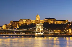 Chain Bridge Hungary Prints: Chain Bridge (Szechenyi Bridge), Buda Castle and River Danube at dusk, Budapest, Hungary