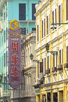 Chinese sign and colonial buildings, Macau, China Chinese sign and colonial buildings, Macau, China