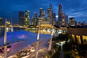 City view at dusk from the roof top promenade of Esplanade Theatres on the Bay, Singapore City view at dusk from the roof top promenade of Esplanade Theatres on the Bay, Singapore