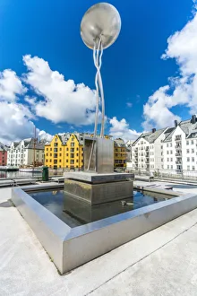 Contemporary art metal sculture and fountain in the city centre of Alesund Contemporary art metal sculture and fountain in the city centre of Alesund