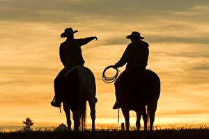 Cowboys & horses in silhouette at dawn on ranch, British Columbia, Canada Cowboys & horses in silhouette at dawn on ranch, British Columbia, Canada