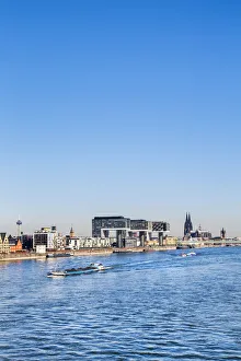 Crane houses, Cologne Cathedral and River Rhine, Rheinauharbour, Cologne, North Rhine Crane houses, Cologne Cathedral and River Rhine, Rheinauharbour, Cologne, North Rhine