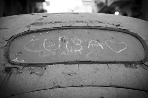 Cuba drawn in the dirt on a rear windscreen of old car, Habana Vieja Cuba drawn in the dirt on a rear windscreen of old car, Habana Vieja