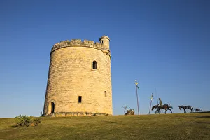 Cuba, Varadero, Stone tower and metal statue of Don Quixote on horseback near the Cuba, Varadero, Stone tower and metal statue of Don Quixote on horseback near the