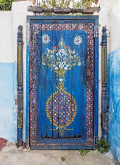 Rabat, Modern Capital and Historic City: a Shared Heritage Collection: Decorative blue entrance door in Kasbah of the Udayas, Rabat, Rabat-Sale-Kenitra Region