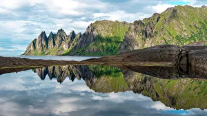 Senja Island Hiking Trails Prints: Devil's teeth Mountain mirrored, Ersfjorden, Senja, Northern Norway
