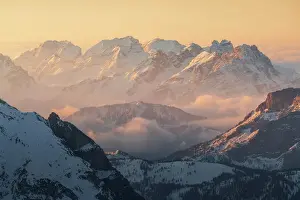 Italian Alps Scenery Prints: The Dolomites mountain range taking the first rays of sun of the day