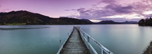 Dusk falls over picturesque wharf in idyllic Kenepuru Sound, Marlborough Sounds, South Island Dusk falls over picturesque wharf in idyllic Kenepuru Sound, Marlborough Sounds, South Island