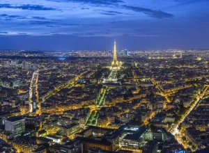 Dusk view over Eiffel Tower & Paris, France Dusk view over Eiffel Tower & Paris, France
