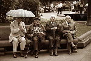 Ecuador, Quito. Four old men discuss events in a park in the Plaza de Armas Ecuador, Quito. Four old men discuss events in a park in the Plaza de Armas