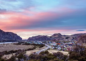 Santa Cruz Province Argentina Prints: El Chalten at dawn, elevated view, Los Glaciares National Park, Santa Cruz Province