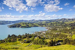 Elevated view over Akaroa, Banks Peninsular, Canterbury, South Island, New Zealand Elevated view over Akaroa, Banks Peninsular, Canterbury, South Island, New Zealand