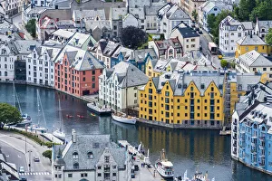Elevated view of Art Nouveau buildings along Brosundet canal, Alesund Elevated view of Art Nouveau buildings along Brosundet canal, Alesund