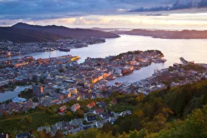 Elevated view over central Bergen illuminated at sunset, Bergen, Hordaland, Norway Elevated view over central Bergen illuminated at sunset, Bergen, Hordaland, Norway