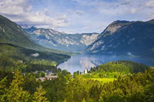 Elevated view over idyllic Lake Bohinj & The Church of St Elevated view over idyllic Lake Bohinj & The Church of St