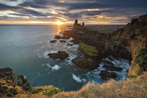 Basalt Rock Formations Europe Prints: Elevated view of Londrangar cliffs during sunset, Snaefellsjokull National Park